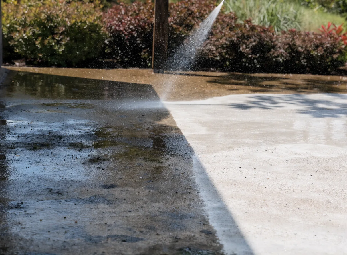 A concrete driveway mid-clean, showing the line between grimy and freshly washed concrete