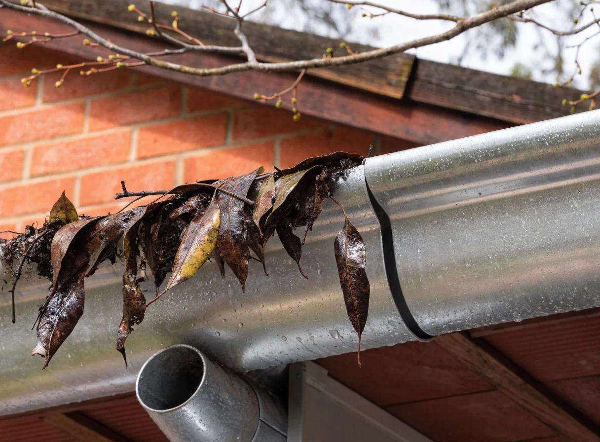 A house gutter part-cleared of wet leaf litter, downpipe outlet visible