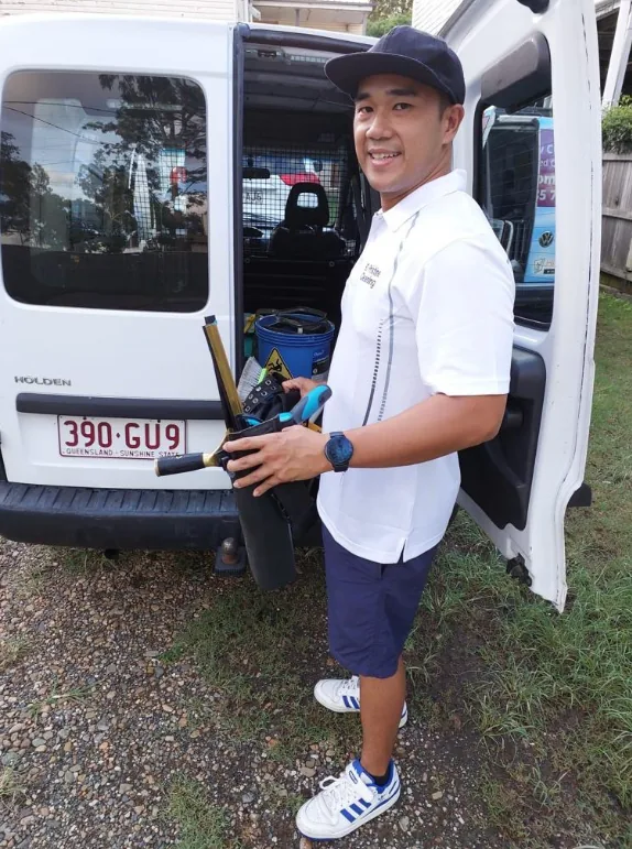 Jordan at the back of the 4K Windows van with his gear